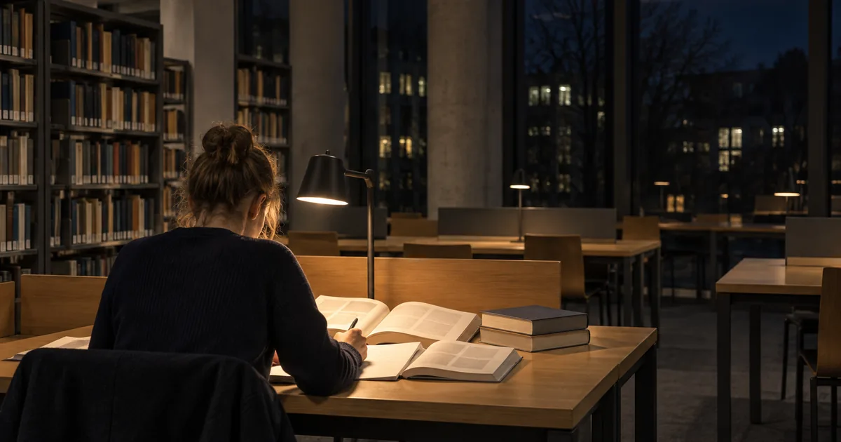 Eine Studentin sitzt spät abends allein an einem Einzelplatz in einer Universitätsbibliothek