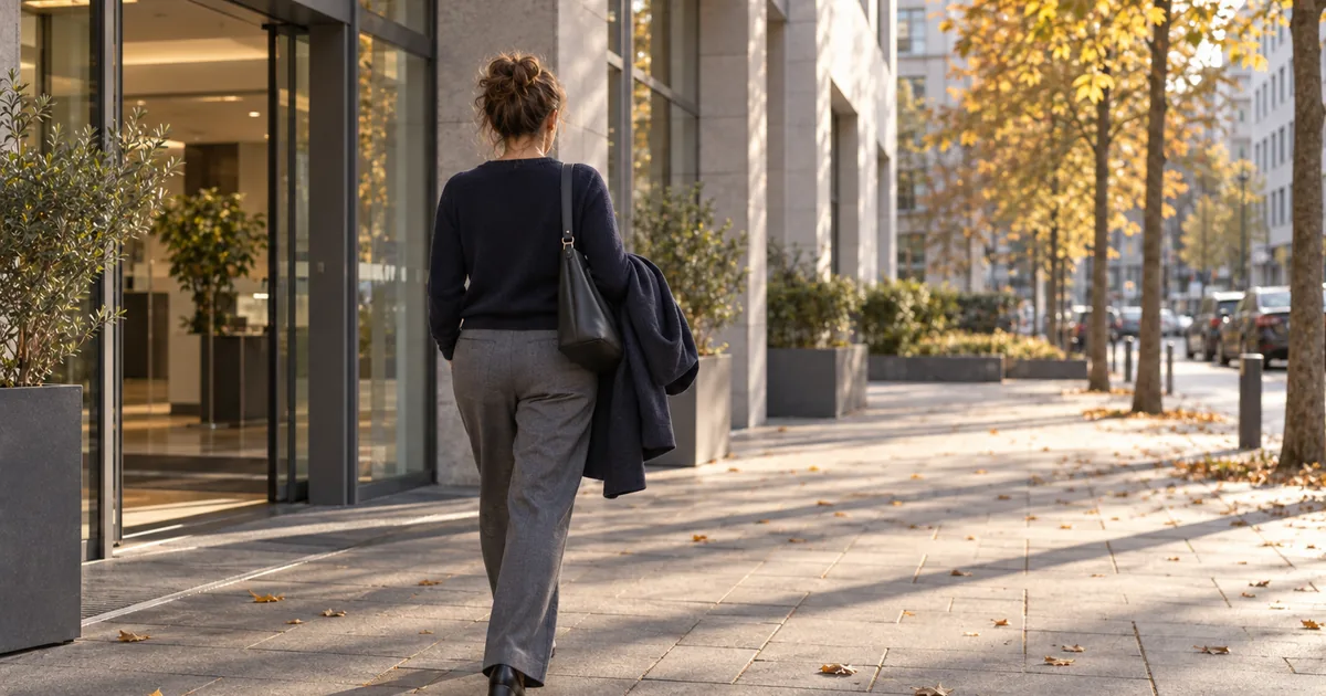 Eine Frau verlässt am Nachmittag ein Bürogebäude, die Jacke über dem Arm, Herbstlaub auf dem Gehweg