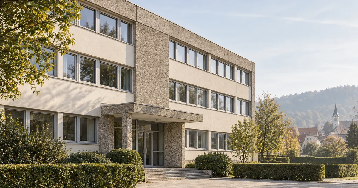 Ein Verwaltungsgebäude aus den 1960er Jahren mit geschnittenen Hecken, dahinter bewaldete Hügel