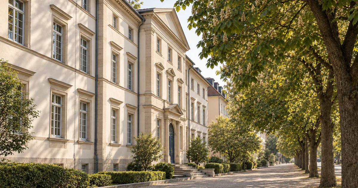 Ein historisches Verwaltungsgebäude hinter einer Kastanienallee im Spätsommerlicht