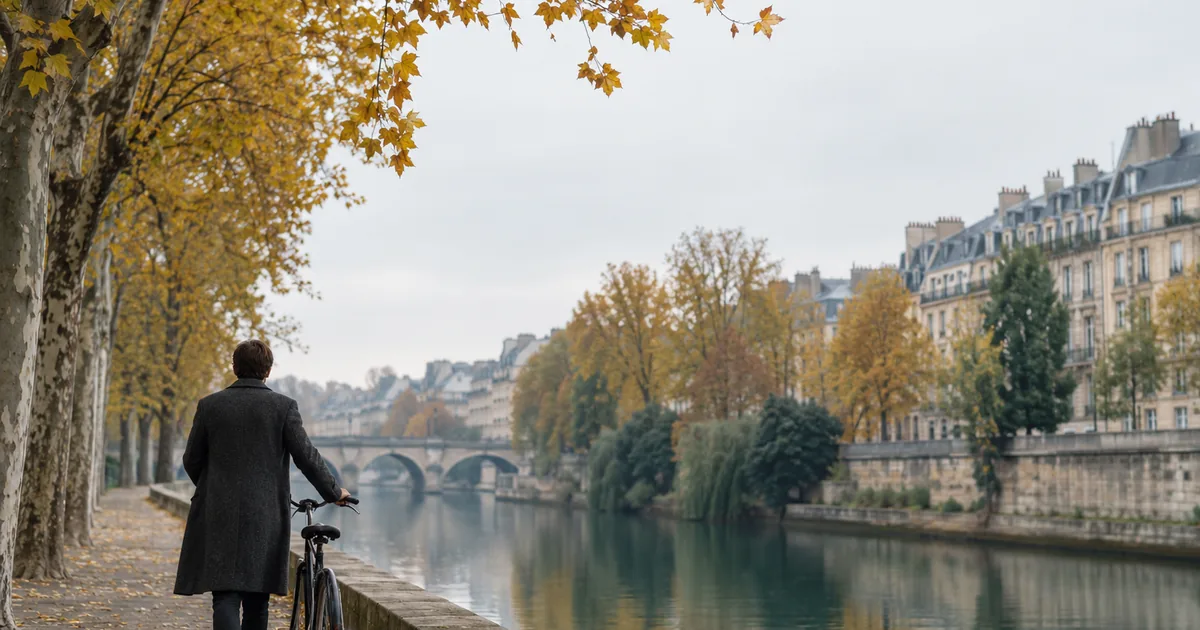 Eine Person in dunklem Mantel schiebt von hinten gesehen ein Fahrrad auf einem Uferweg unter herbstlich gelben Bäumen, gegenüber am Wasser helle Altbaufassaden und eine Steinbrücke