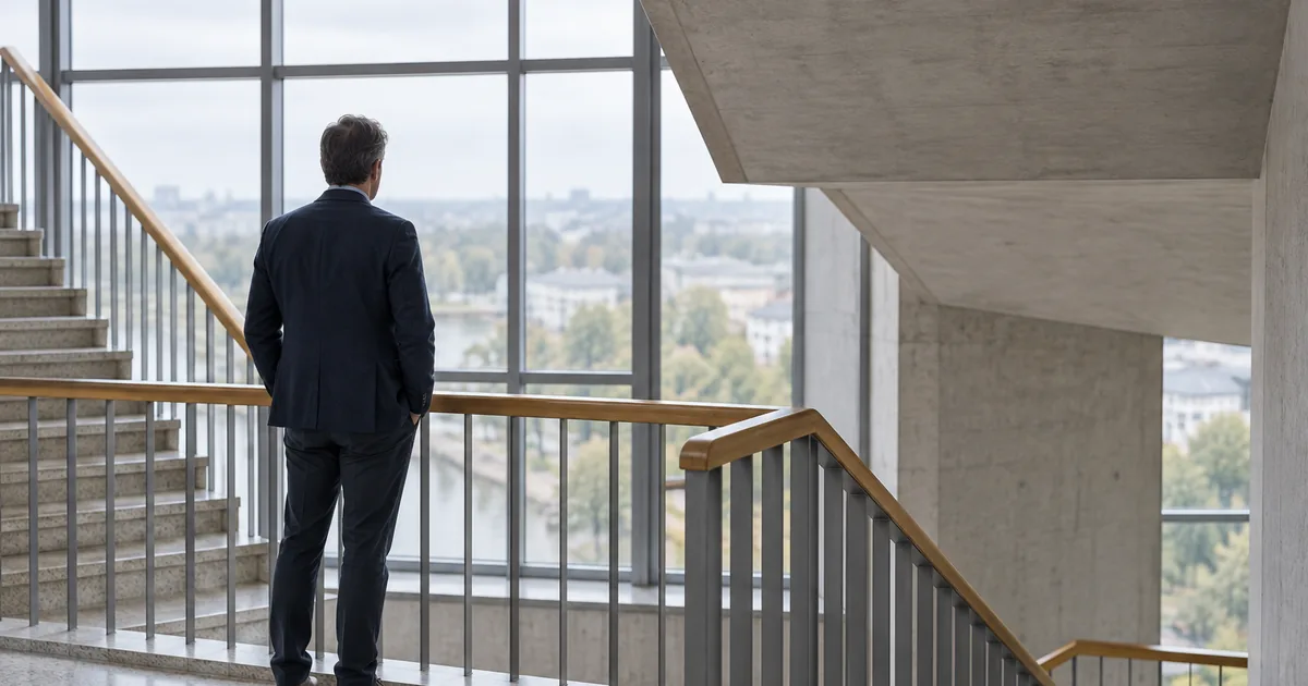 Eine Person steht im Treppenhaus eines Verwaltungsgebäudes und sieht aus einem hohen Fenster