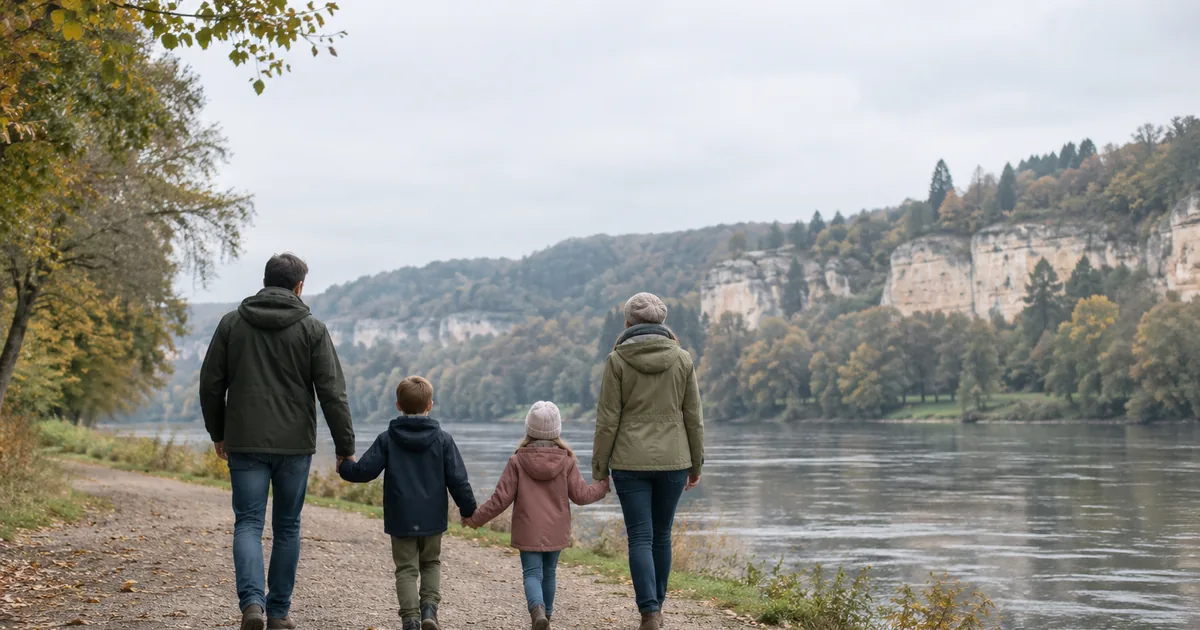 Zwei Erwachsene und zwei Kinder gehen von hinten gesehen an der Hand einen Uferweg an einem Fluss entlang, gegenüber bewaldete Hänge mit hellen Sandsteinfelsen
