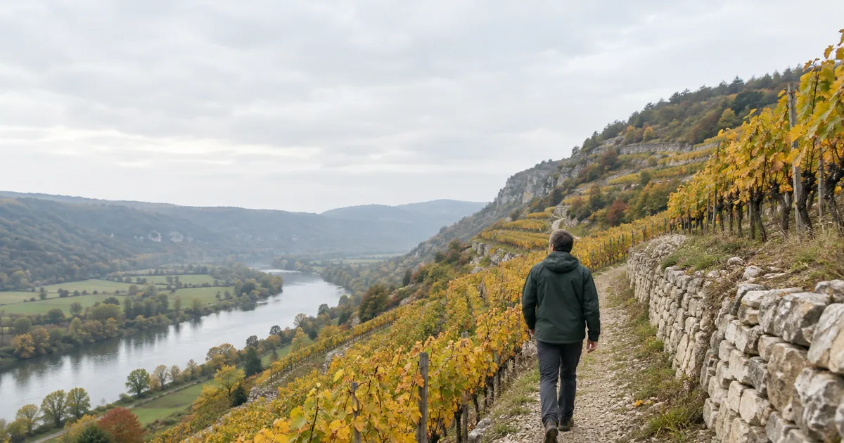 Eine Person in dunkelgrüner Jacke geht von hinten gesehen einen Schotterweg zwischen herbstlich gelben Weinbergterrassen und einer Trockenmauer aus Kalkstein hinauf, links unten fließt ein Fluss durch ein Tal mit Wiesen