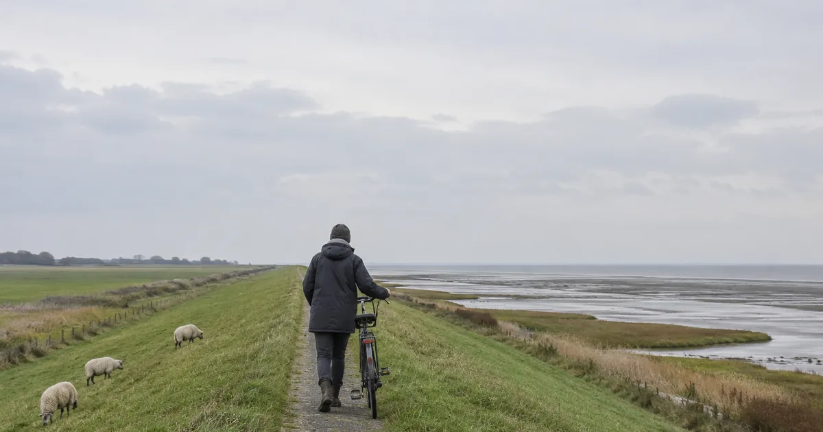 Eine Person in grauer Regenjacke schiebt von hinten gesehen ein Fahrrad über einen Weg auf einem grünen Deich, links grasen Schafe, rechts liegt das Wattenmeer bei Ebbe