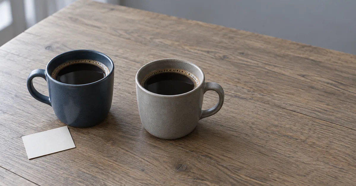 Zwei Kaffeetassen auf einem Holztisch, neben einer davon ein leeres Preisschild