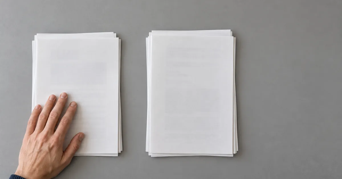 Zwei getrennte Papierstapel auf einem grauen Tisch, eine Hand liegt auf dem linken Stapel