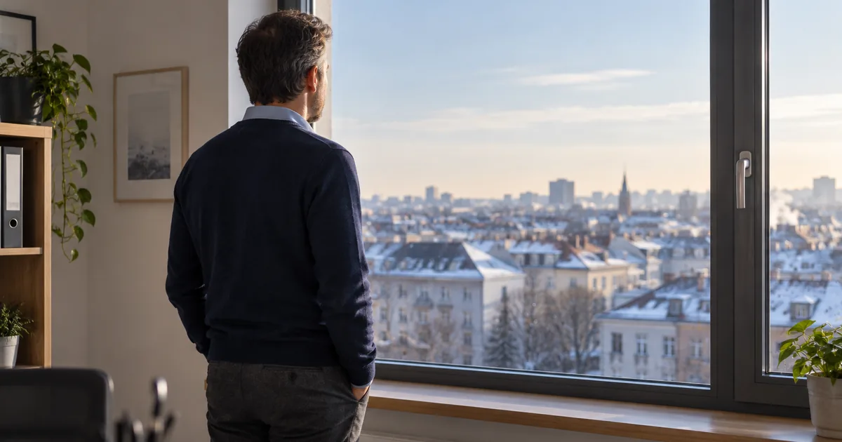 Ein Mann steht am Fenster eines Büros und sieht über die Dächer einer Stadt im Winterlicht