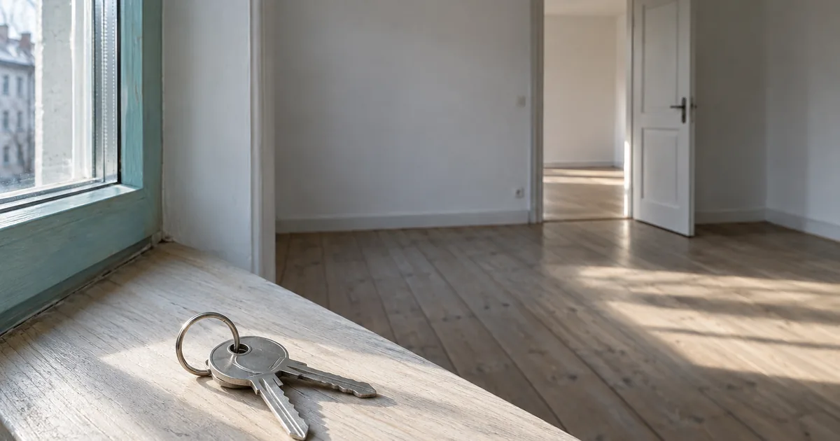 Ein Schlüsselbund mit zwei Schlüsseln liegt auf der Fensterbank einer leeren Altbauwohnung, dahinter Dielenboden und eine offen stehende Zimmertür im Sonnenlicht