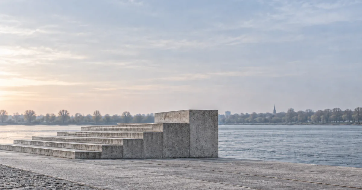 Flache Betonstufen an einer Uferpromenade, die letzte deutlich höher als alle davor