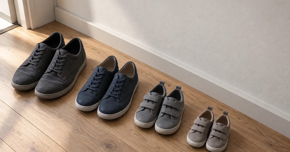 Vier Paar Schuhe unterschiedlicher Größe nebeneinander in einem hellen Flur