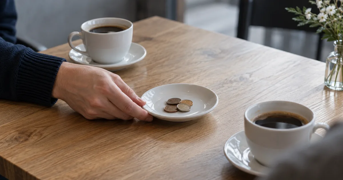 Eine Hand schiebt auf einem Holztisch im Café einen kleinen Teller mit Münzen zwischen zwei Kaffeetassen zur anderen Seite