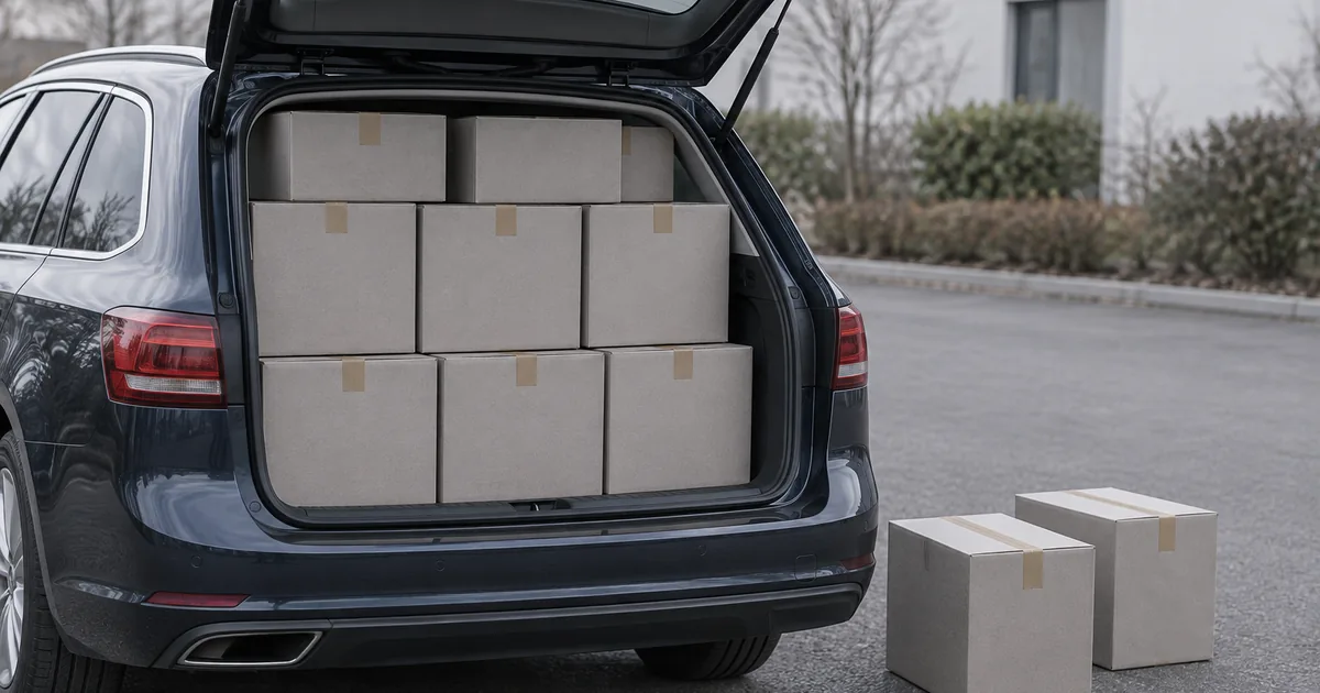 Ein voller Kofferraum, daneben auf dem Asphalt zwei Kartons, die nicht mehr hineinpassen